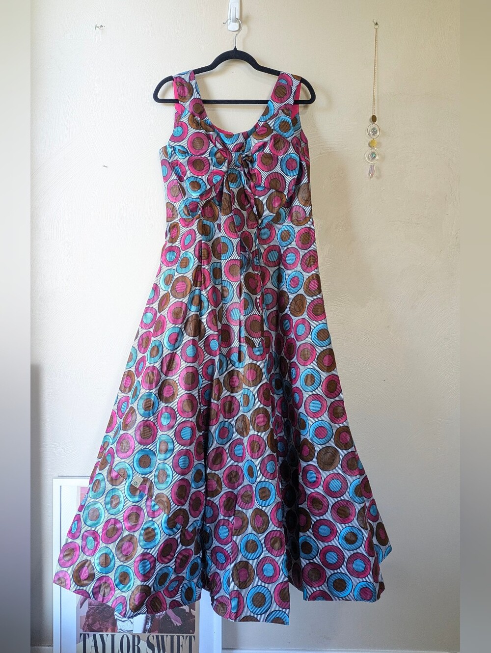 HANDMADE Retro Graphic Dress, Bow Front, Circle Skirt, Size L